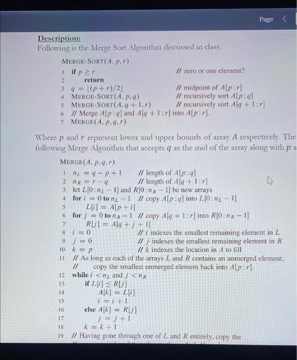 Solved Description: Following Is The Merge Sort Algorithm | Chegg.com