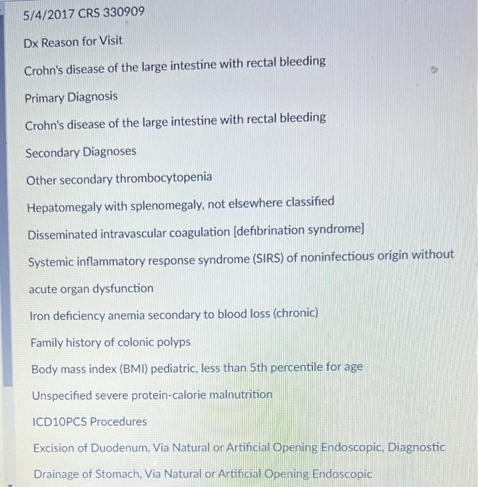 5/4/2017 CRS 330909 Dx Reason for Visit Crohn's
