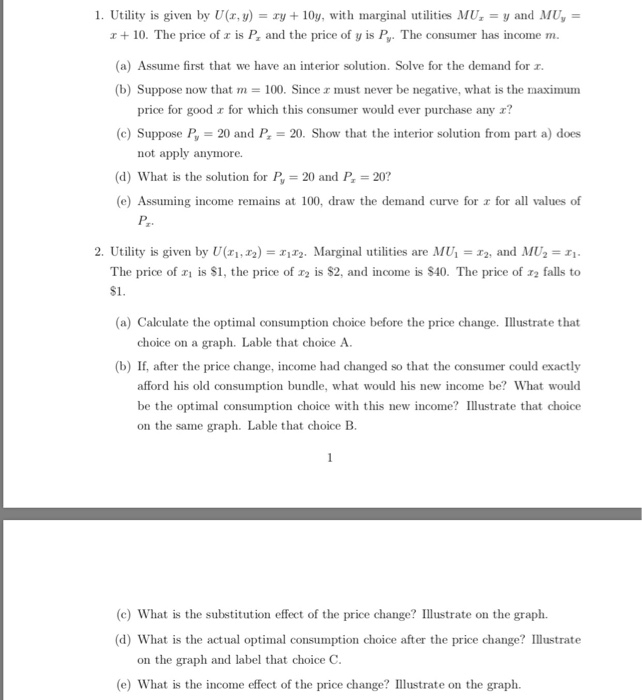 Solved 1 Utility Is Given By Ur Y Xy 10y With Mar Chegg Com