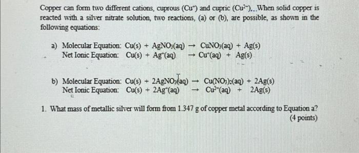 Solved Copper can form two different cations, cuprous (Cu) | Chegg.com