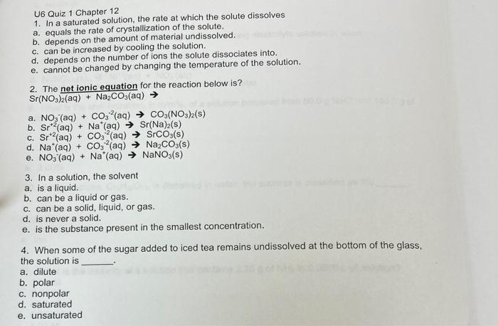 Solved U6 Quiz 1 Chapter 12 1. In a saturated solution, the | Chegg.com