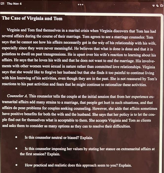 Solved -21 Thu Nov 4 The Case of Virginia and Tom Virginia | Chegg.com