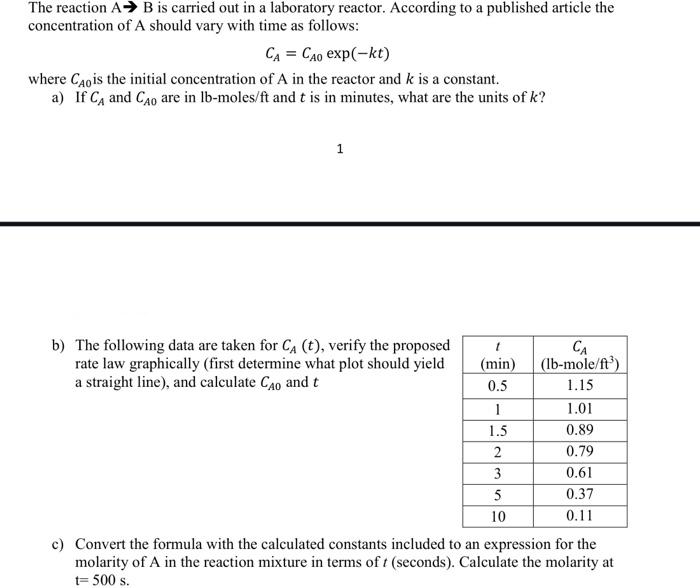 Solved The reaction AB is carried out in a laboratory | Chegg.com