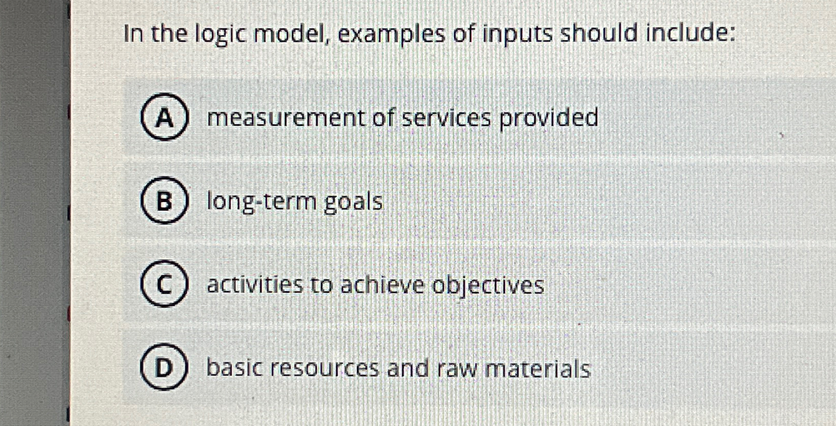 Solved In the logic model, examples of inputs should | Chegg.com
