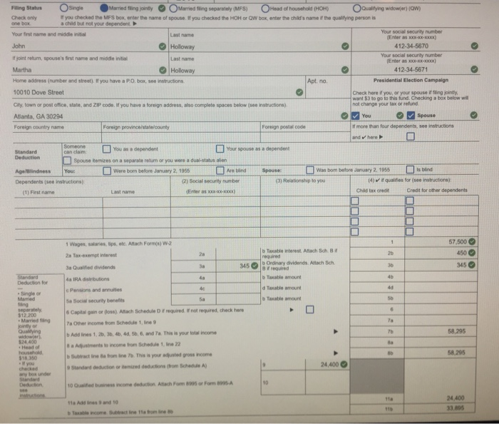 Solved 1040 For A Couple Married Filing Jointly With No 2342