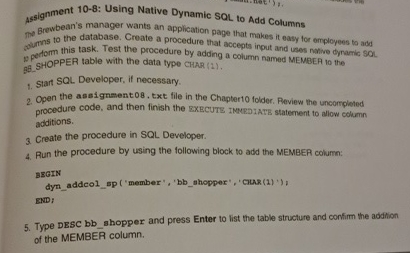 Solved Assignment 10-8: Using Native Dynamic SQL to Add | Chegg.com