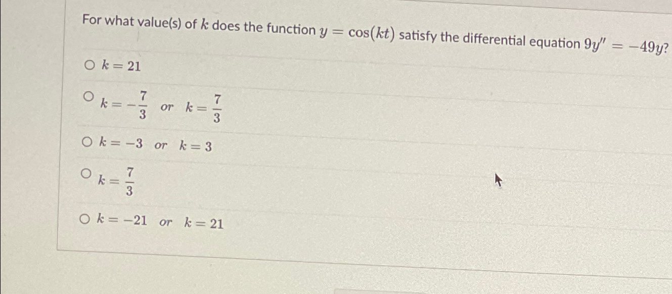 Solved For what value(s) ﻿of k ﻿does the function y=cos(kt) | Chegg.com