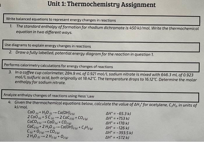 1. The standard enthalpy of formation for rhodium dichromate is \( 450 \mathrm{~kJ} / \mathrm{mol} \). Write the thermochemic