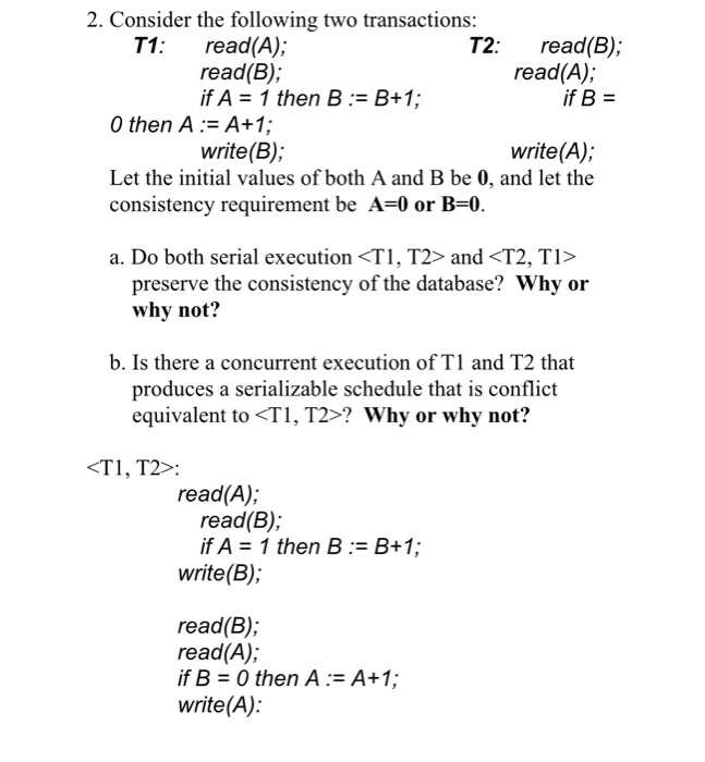 Solved 2. Consider The Following Two Transactions: T1: | Chegg.com