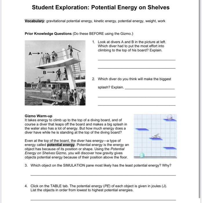 Solved: Student Exploration: Potential Energy On Shelves V ...