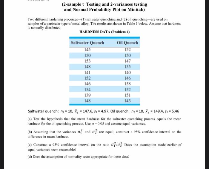 Solved (2-sample t Testing and 2-variances testing and | Chegg.com