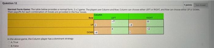 Solved Question 12 1 points Normal Form Game. The table | Chegg.com