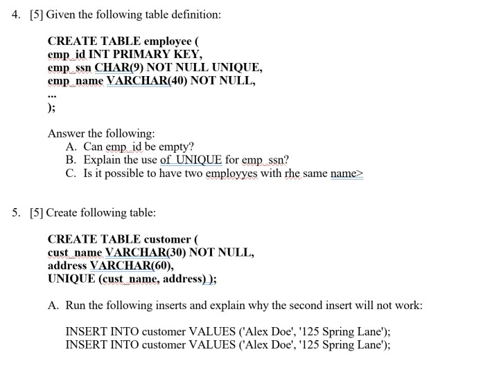 Solved 4. [5] Given the following table definition: CREATE | Chegg.com