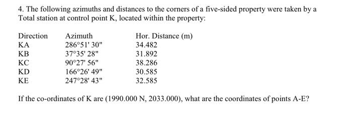 Solved 4. The following azimuths and distances to the | Chegg.com
