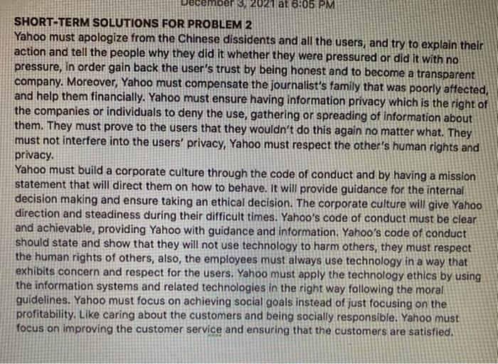 Solved SHORT TERM SOLUTIONS FOR PROBLEM 1 Yahoo must admit | Chegg.com