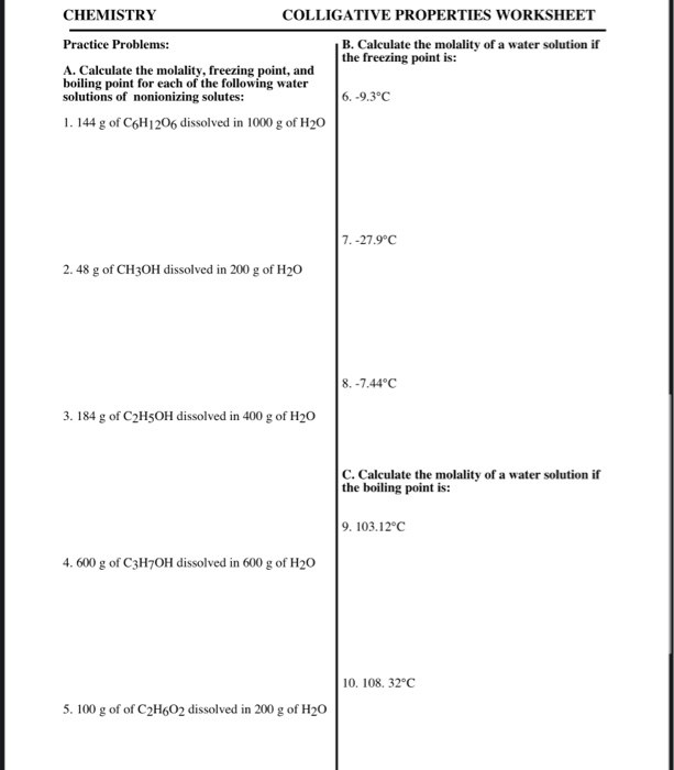 Solved CHEMISTRY COLLIGATIVE PROPERTIES WORKSHEET Practice | Chegg.com