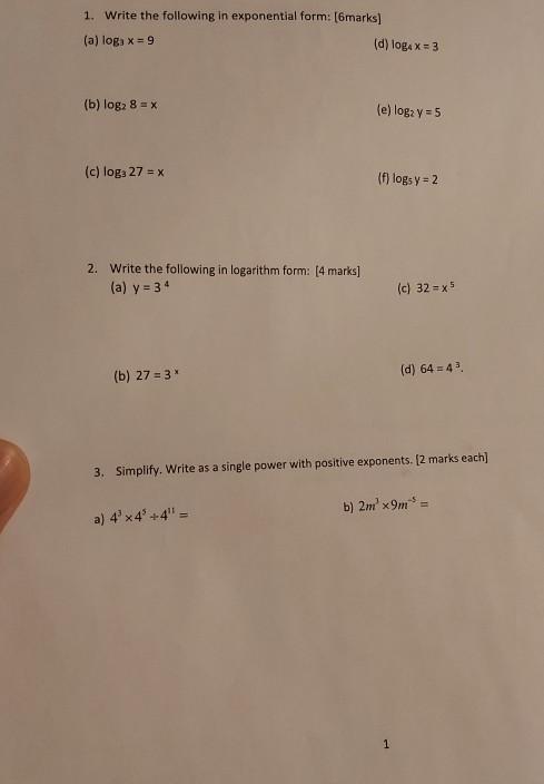 Solved 1. Write the following in exponential form: [6marks) | Chegg.com