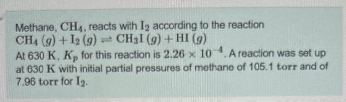 Solved Methane, CH4, Reacts With I2 According To The | Chegg.com