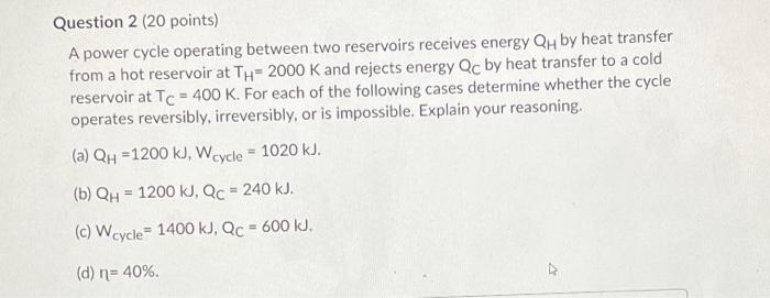Solved Question 2 (20 points) A power cycle operating | Chegg.com