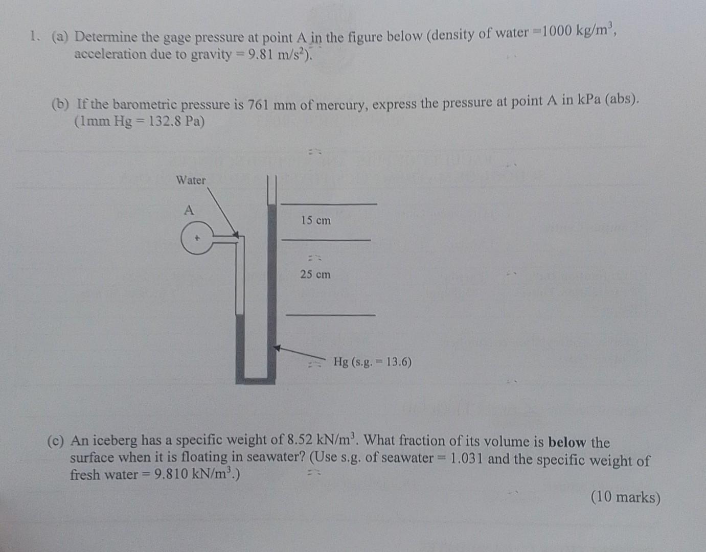 Solved (a) Determine the gage pressure at point A in the | Chegg.com