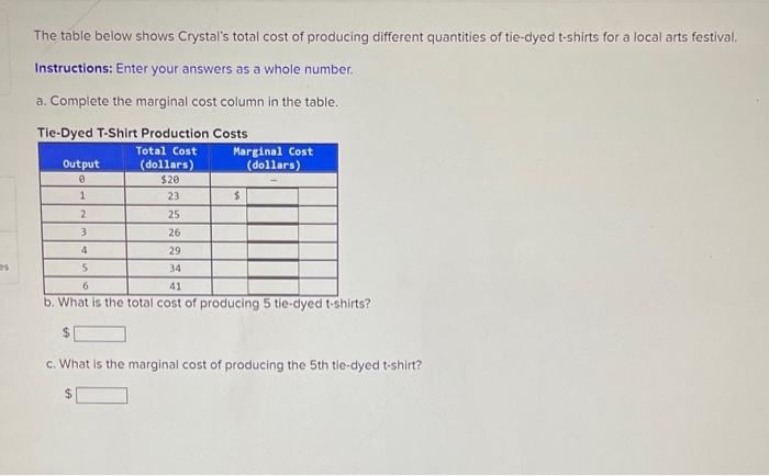 Solved The Table Below Shows Crystal's Total Cost Of | Chegg.com