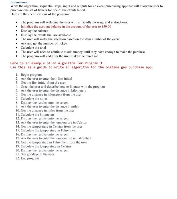 Solved Instructions: Write the algorithm, sequential steps, | Chegg.com
