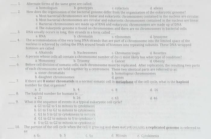 Solved 1. homologues b. genotypes c.cofactors d alleies 2. | Chegg.com