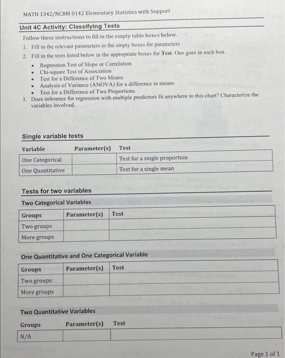 Unit 4C Activity: Classifying Tests Follow these | Chegg.com