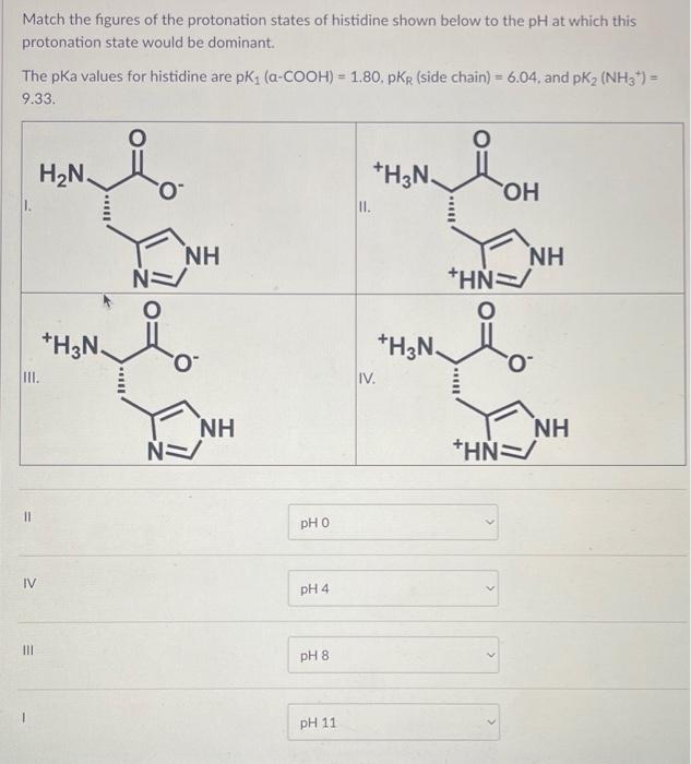 Match the figures of the protonation states of histidine shown below to the \( \mathrm{pH} \) at which this protonation state