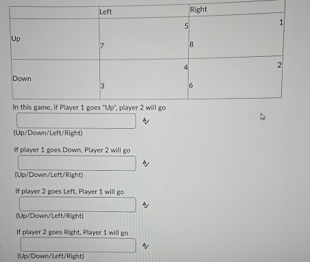 Solved \table[[,Left,Right],[Up,,5],[1,,],[Down,7,8]]In this | Chegg.com