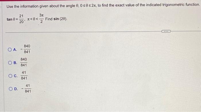 Solved Use the information given about the angle θ,0≤θ≤2π, | Chegg.com