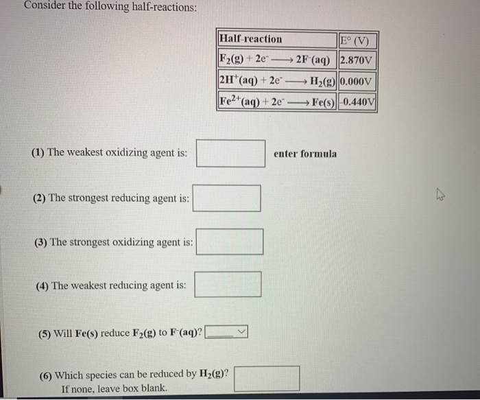 Solved Consider The Following Half-reactions: Half-reaction | Chegg.com