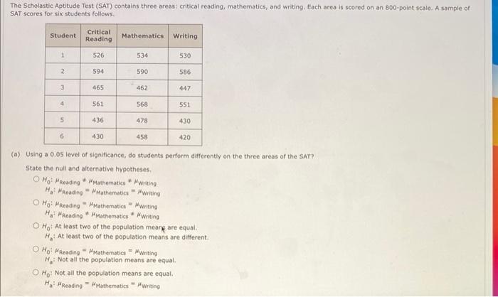 (a) Using a \( 0.05 \) level of significance, do students perform differently on the three areas of the SAT? State the null a