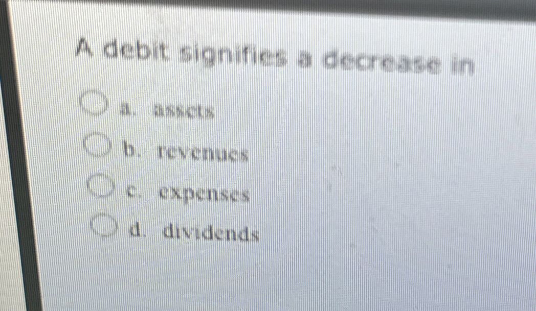 Solved A debit signifies a decrease in 4. ﻿testictsb. | Chegg.com