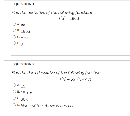 Solved QUESTION 1 Find the derivative of the following | Chegg.com