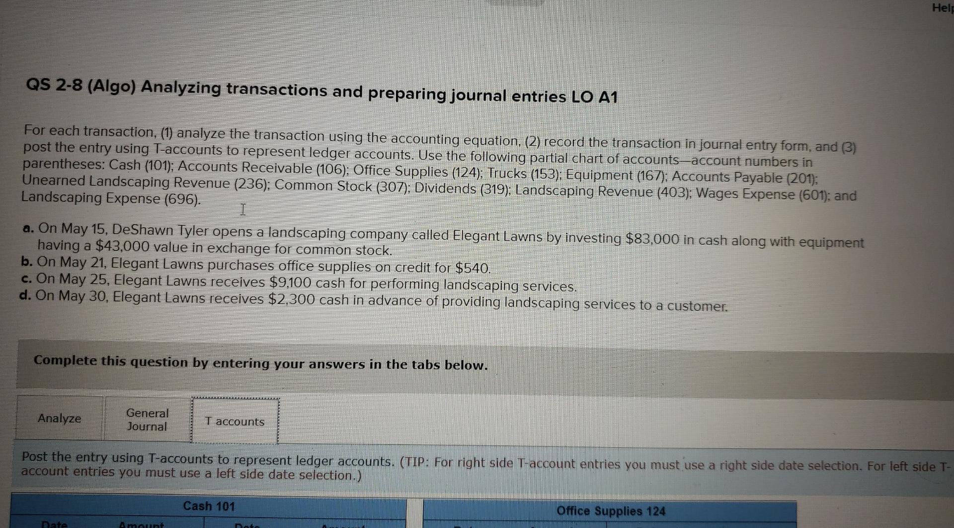 Solved Help QS 2-8 (Algo) Analyzing transactions and | Chegg.com