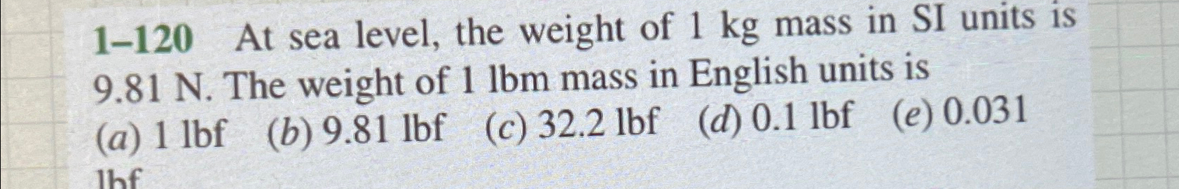 Solved 1-120 ﻿At sea level, the weight of 1kg ﻿mass in SI | Chegg.com