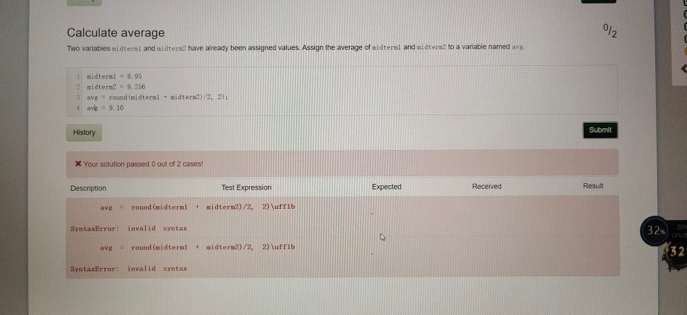 Solved 0/2 Calculate average Two variables midternl and | Chegg.com