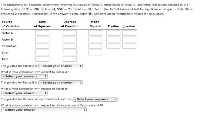Solved The calculations for a factorial experiment involving | Chegg.com