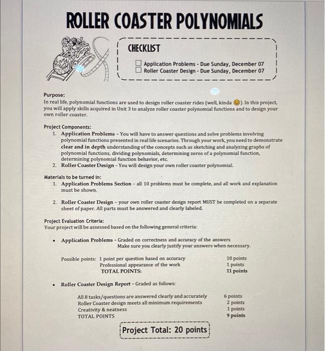 ROLLER COASTER POLYNOMIALS CHECKLIST Application Chegg