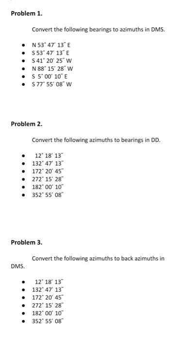 Solved 1. Convert the following bearings to azimuths