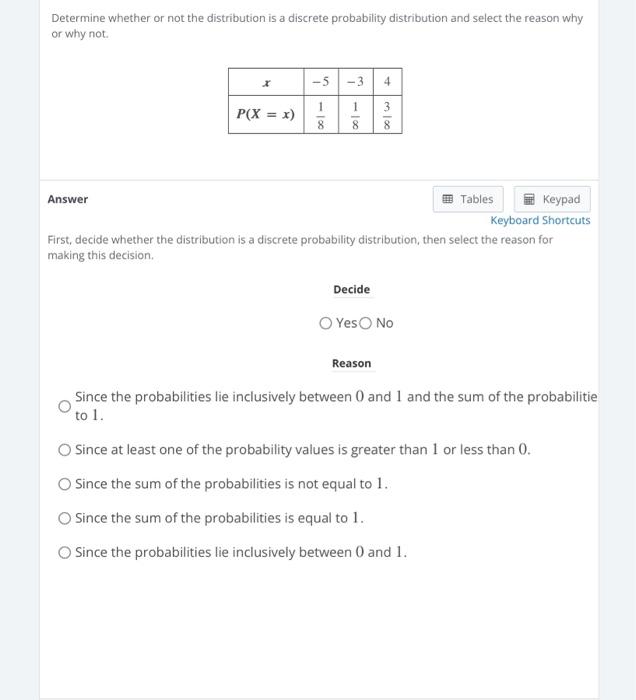 Determine whether or not the distribution is a discrete probability distribution and select the reason why or why not.
Answer
