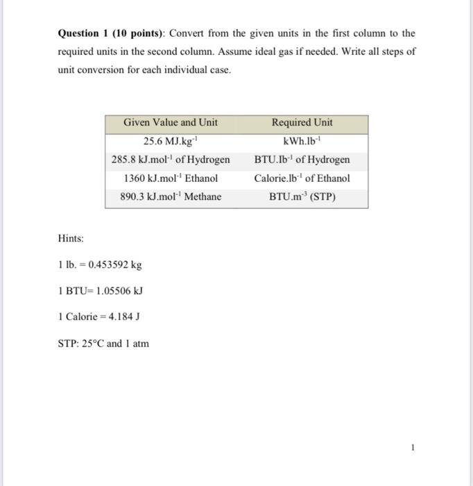 Solved Question 1 (10 points): Convert from the given units | Chegg.com