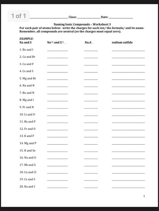 Solved 1 of 1 Class: Date: Naming lonic Compounds - | Chegg.com