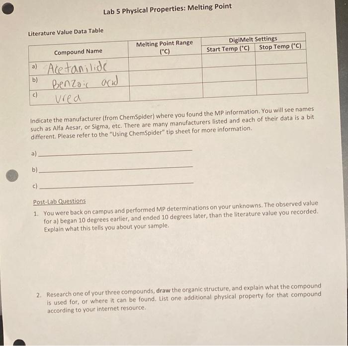 Solved Lab 5 Physical Properties: Melting Point Literature | Chegg.com