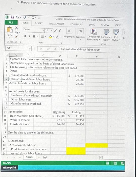 3. Prepare an income statement for a manufacturing | Chegg.com