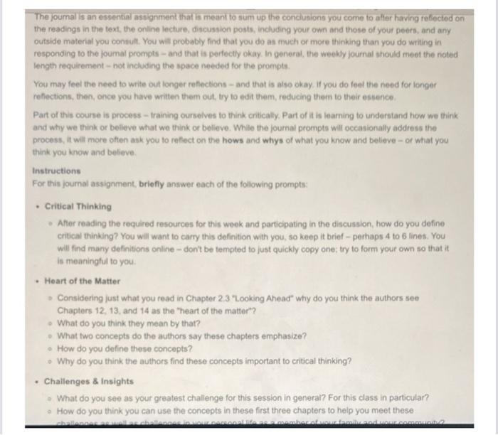 Solved The joumal is an essential assignment that is meant | Chegg.com