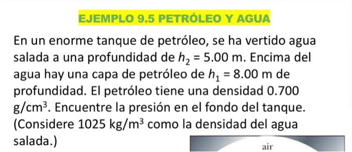 En un enorme tanque de petróleo, se ha vertido agua salada a una profundidad de \( h_{2}=5.00 \mathrm{~m} \). Encima del agua