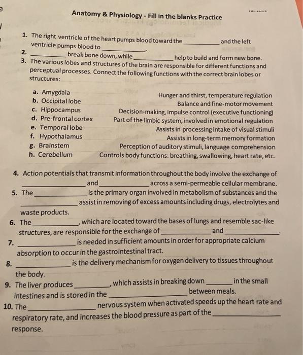 Solved Anatomy & Physiology Fill in the blanks Practice 1.