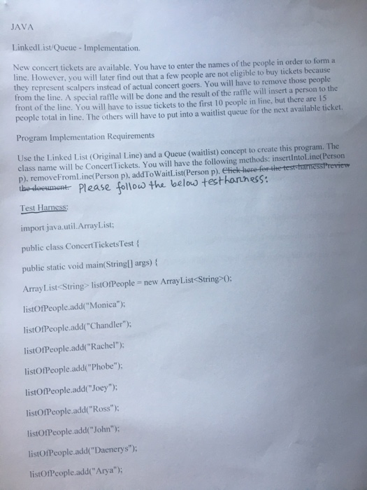 Solved JAVA Linked List/Queue - Implementation New concert | Chegg.com